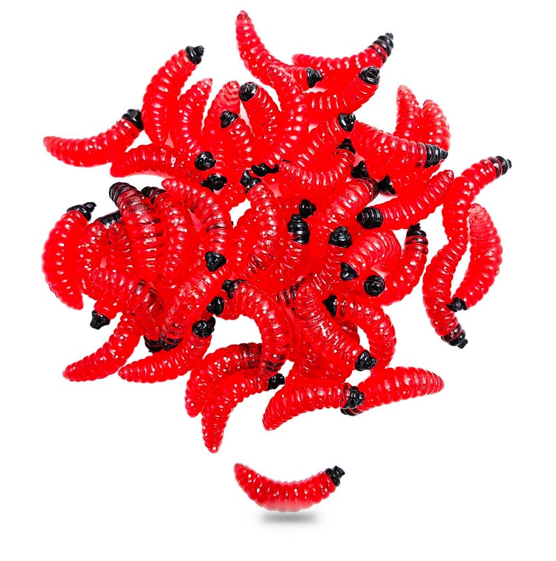 Milepetus 50pcs-1Inch Bass Fishing Worms Lures,Silicone Soft Maggot Baits Bread Worm Fishing Lure,5 Color (Red) - Image 1